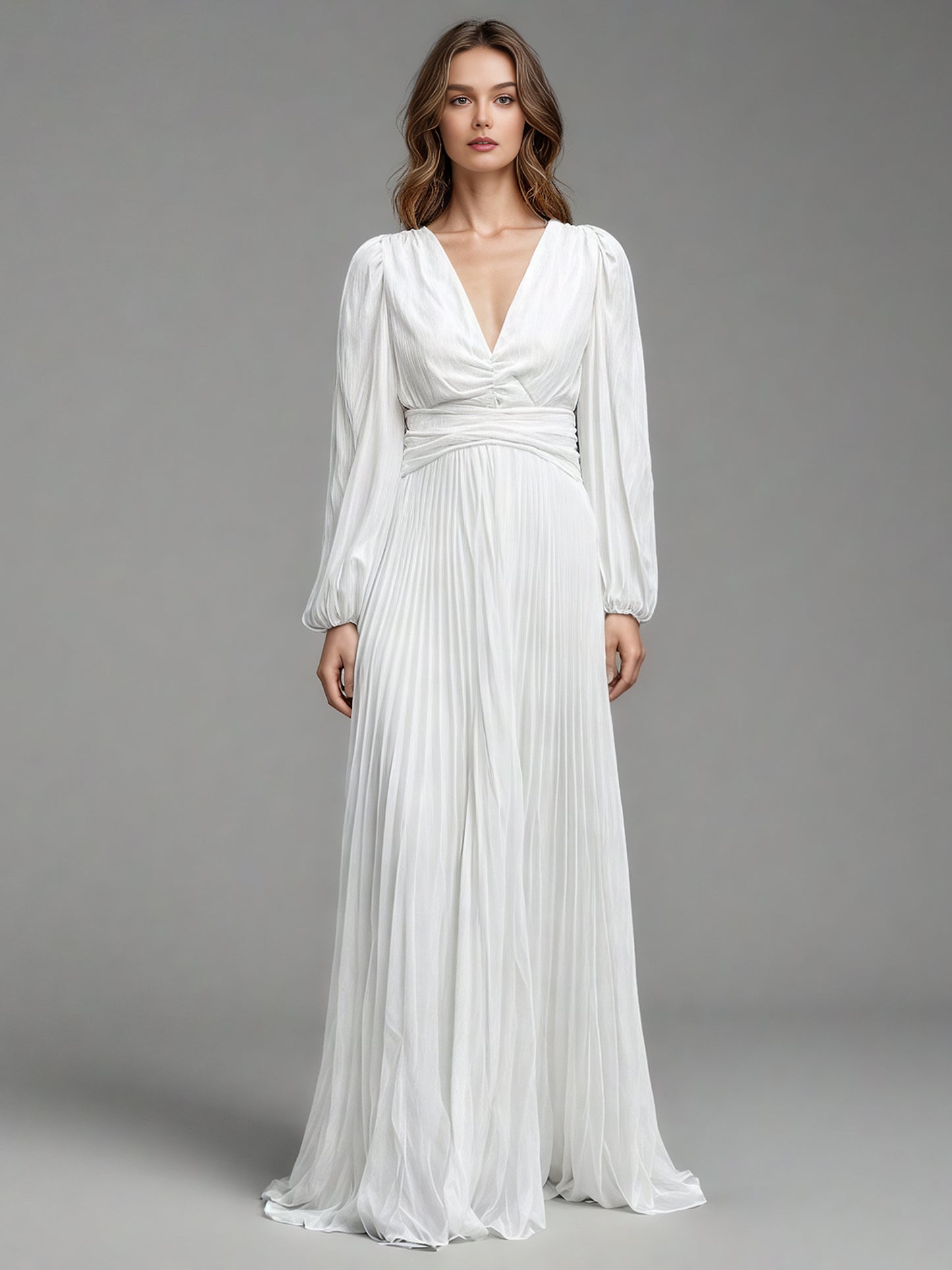 White Pleated Maxi Dress with V-Neck & Puff Sleeves