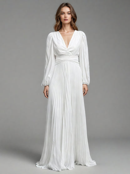 White Pleated Maxi Dress with V-Neck & Puff Sleeves