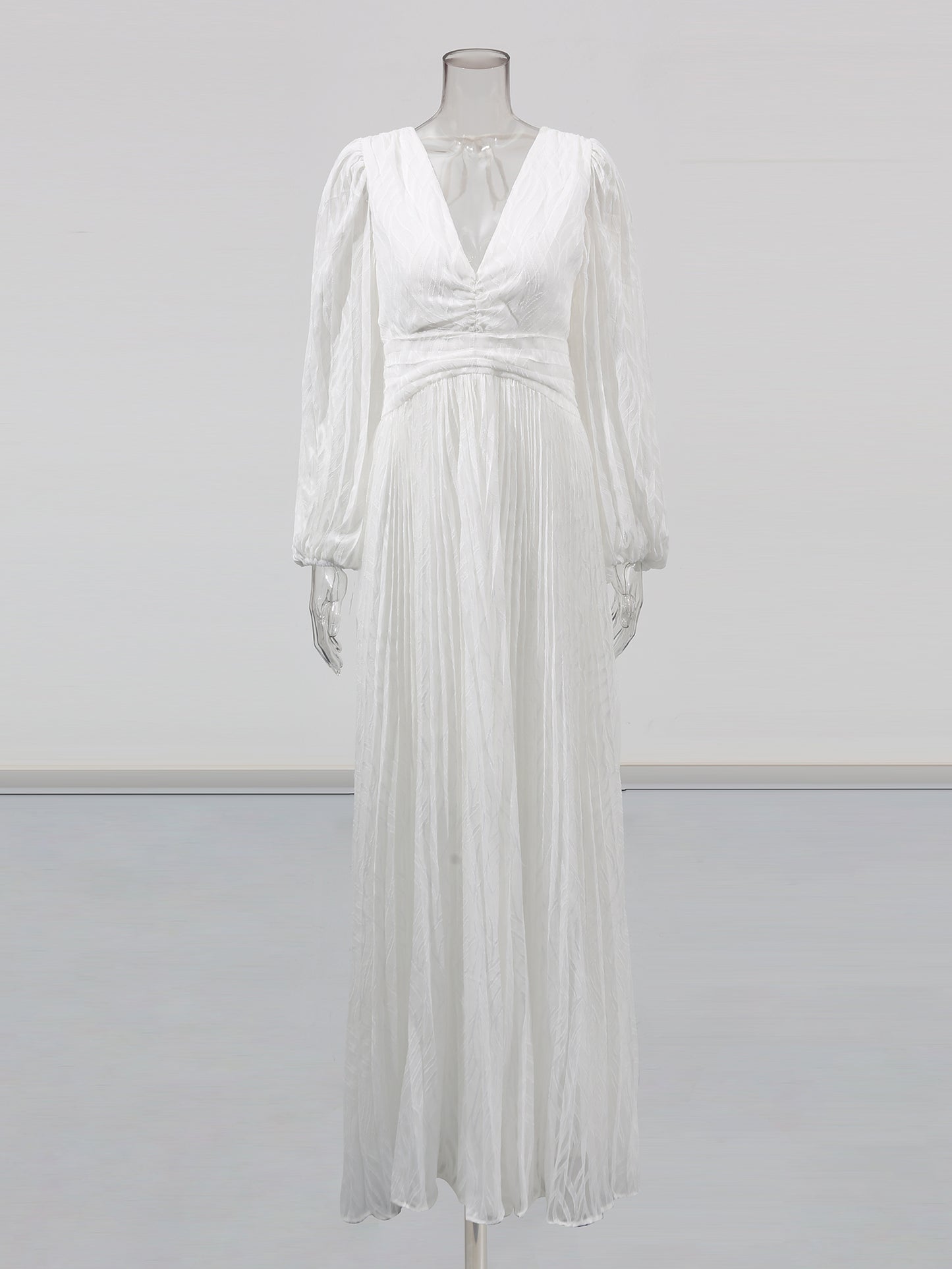 White Pleated Maxi Dress with V-Neck & Puff Sleeves