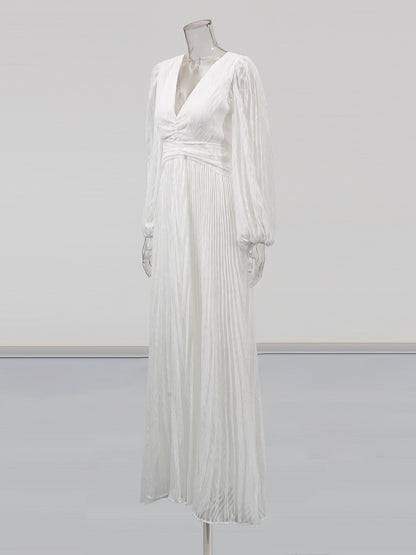 White Pleated Maxi Dress with V-Neck & Puff Sleeves