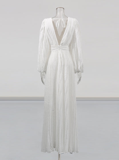 White Pleated Maxi Dress with V-Neck & Puff Sleeves