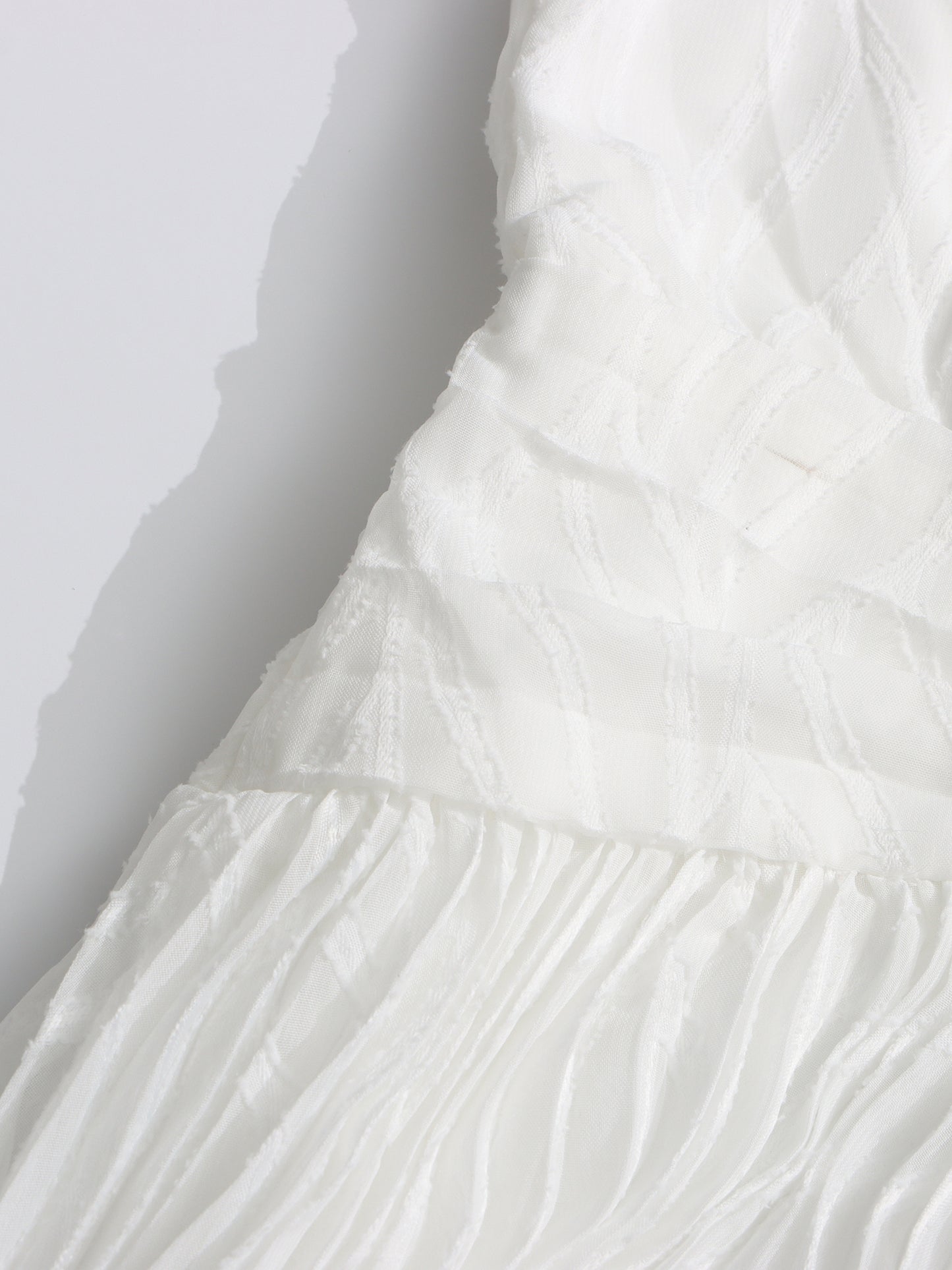 White Pleated Maxi Dress with V-Neck & Puff Sleeves