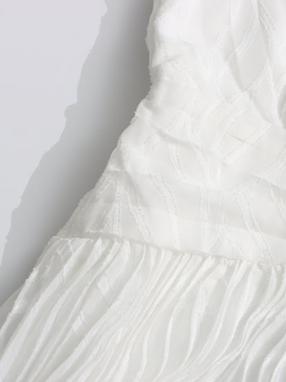 White Pleated Maxi Dress with V-Neck & Puff Sleeves