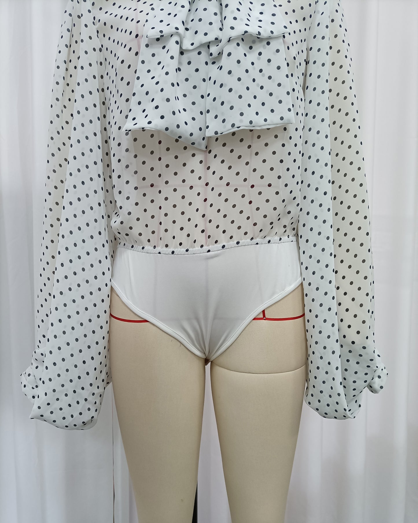 White Polka Dot Bow Tie Neck Bodysuit Jumpsuit