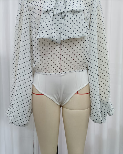 White Polka Dot Bow Tie Neck Bodysuit Jumpsuit