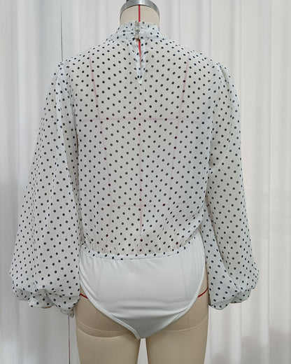 White Polka Dot Bow Tie Neck Bodysuit Jumpsuit