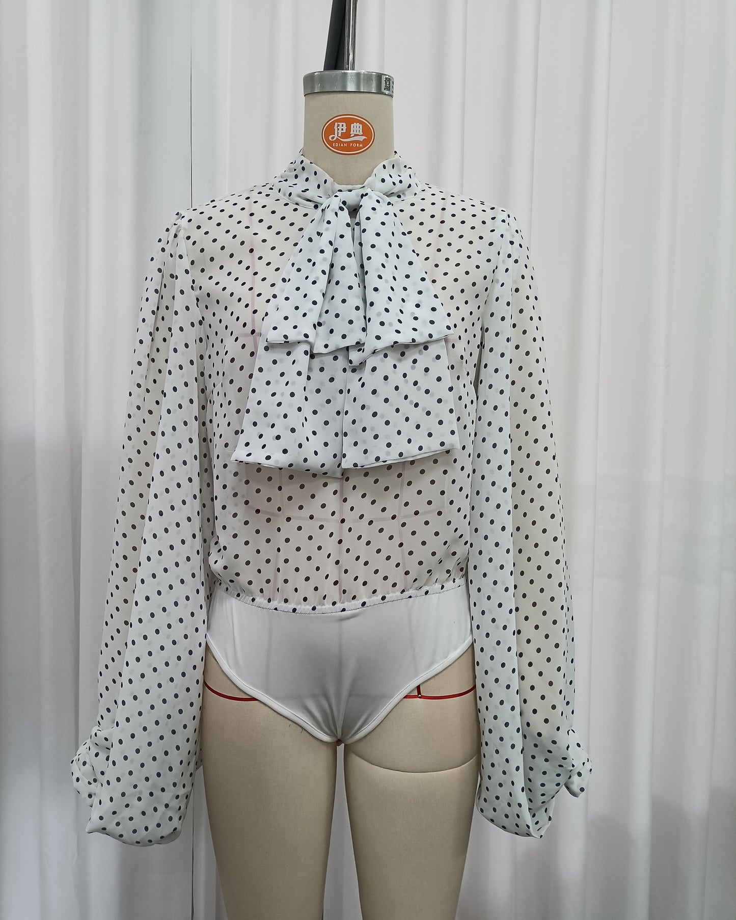 White Polka Dot Bow Tie Neck Bodysuit Jumpsuit