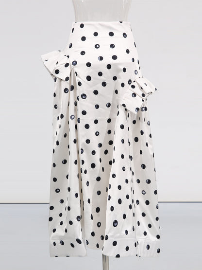 Apricot Polka Dot Midi Skirt with Ruffle Details