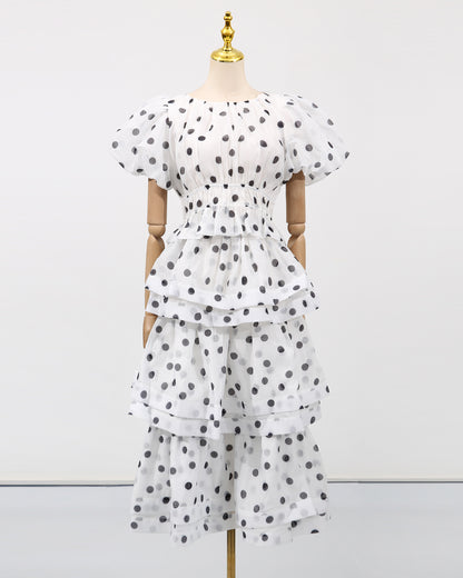 White Polka Dot Puff Sleeve Tiered Dress Set