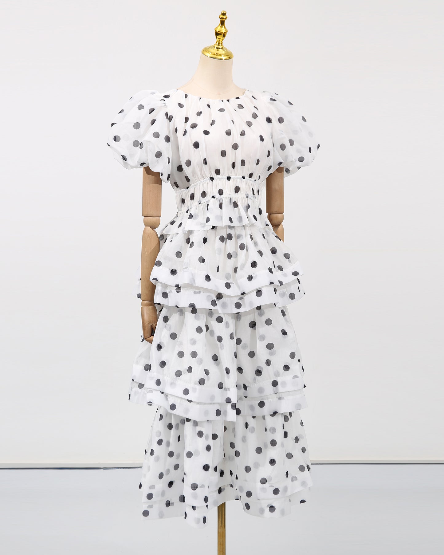 White Polka Dot Puff Sleeve Tiered Dress Set