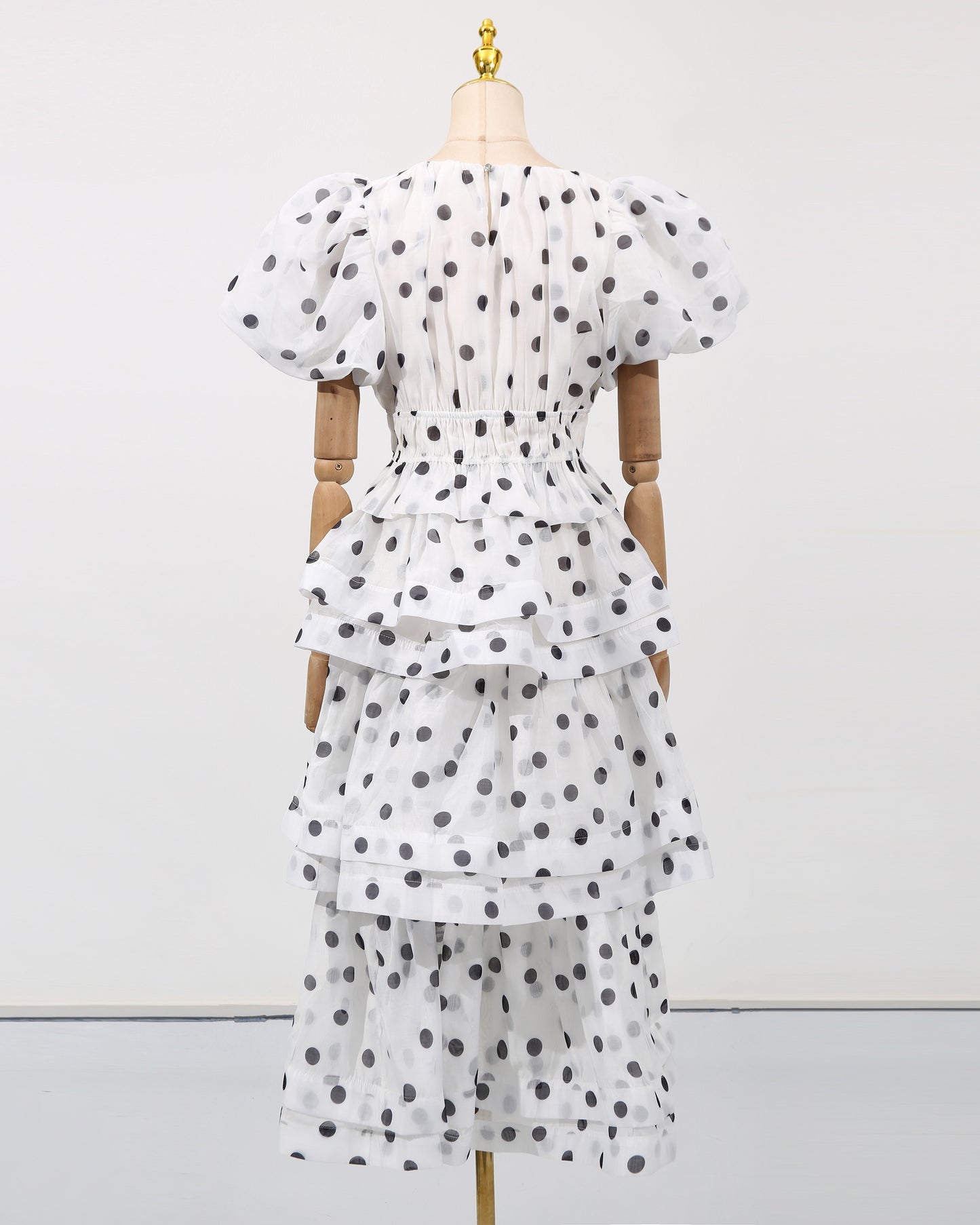 White Polka Dot Puff Sleeve Tiered Dress Set