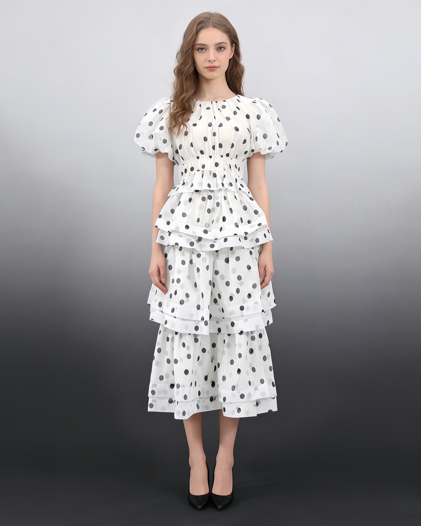 White Polka Dot Puff Sleeve Tiered Dress Set
