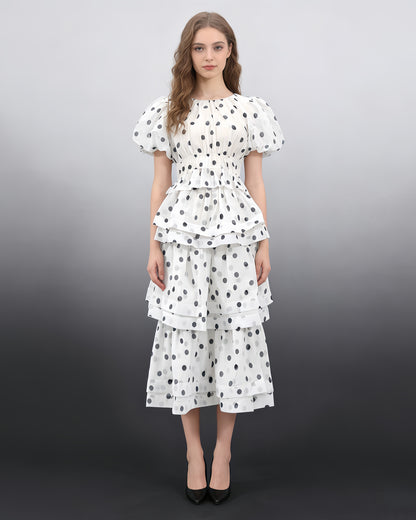 White Polka Dot Puff Sleeve Tiered Dress Set
