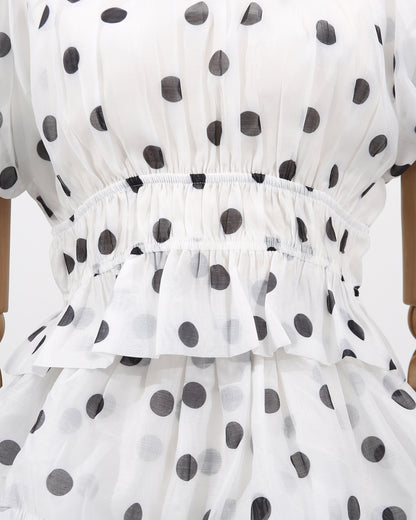 White Polka Dot Puff Sleeve Tiered Dress Set