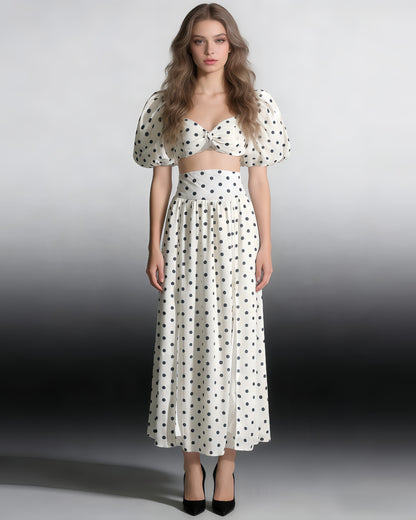 White Polka Dot Puff Sleeve Top & Skirt Set