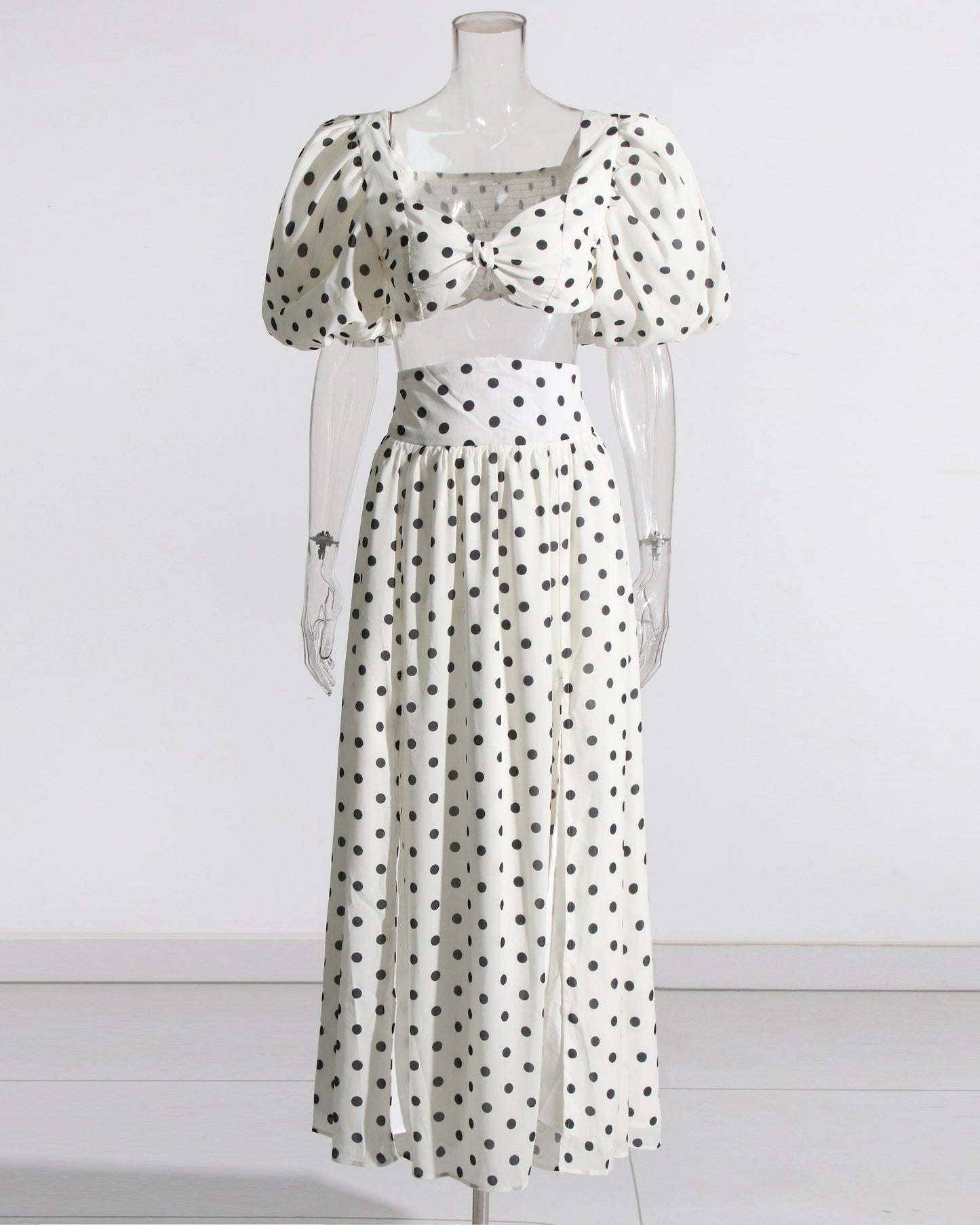 White Polka Dot Puff Sleeve Top & Skirt Set
