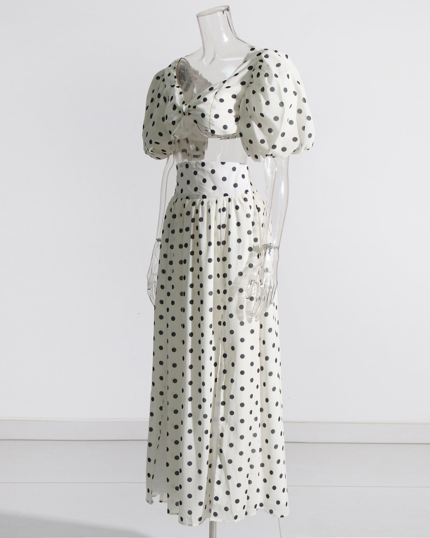 White Polka Dot Puff Sleeve Top & Skirt Set