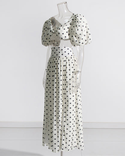 White Polka Dot Puff Sleeve Top & Skirt Set