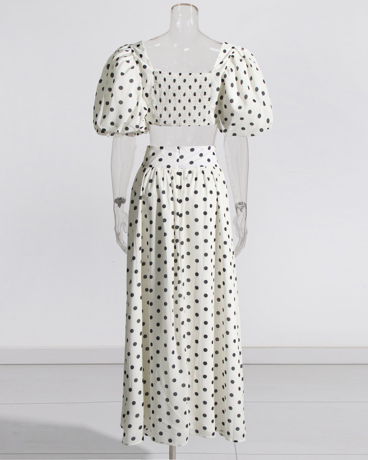 White Polka Dot Puff Sleeve Top & Skirt Set