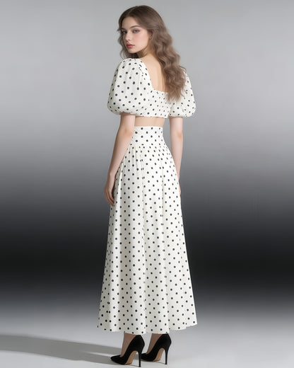 White Polka Dot Puff Sleeve Top & Skirt Set