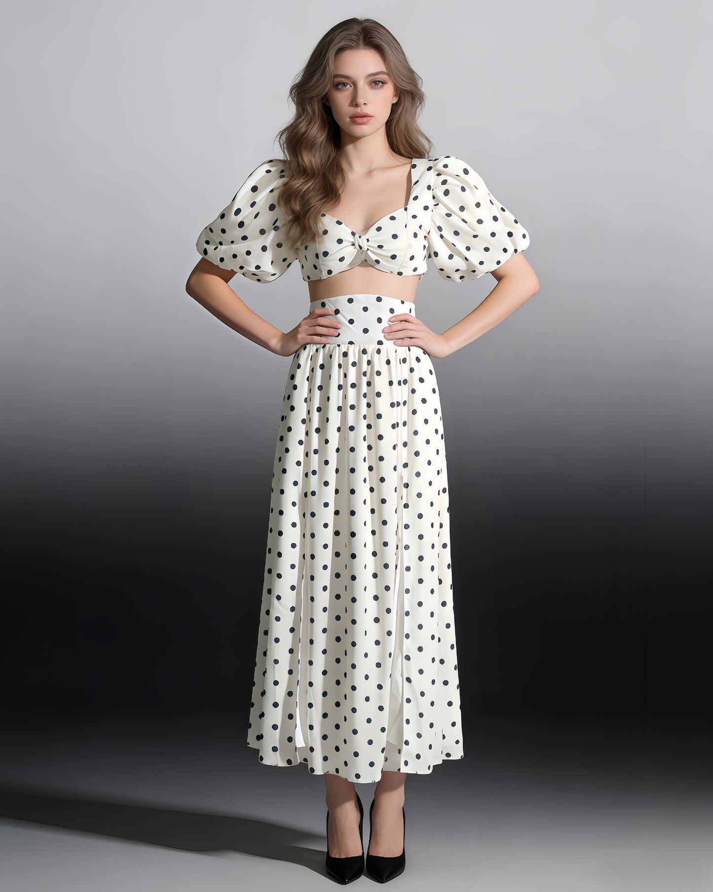 White Polka Dot Puff Sleeve Top & Skirt Set