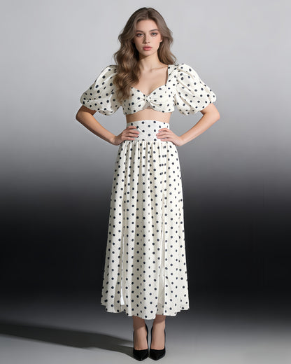 White Polka Dot Puff Sleeve Top & Skirt Set
