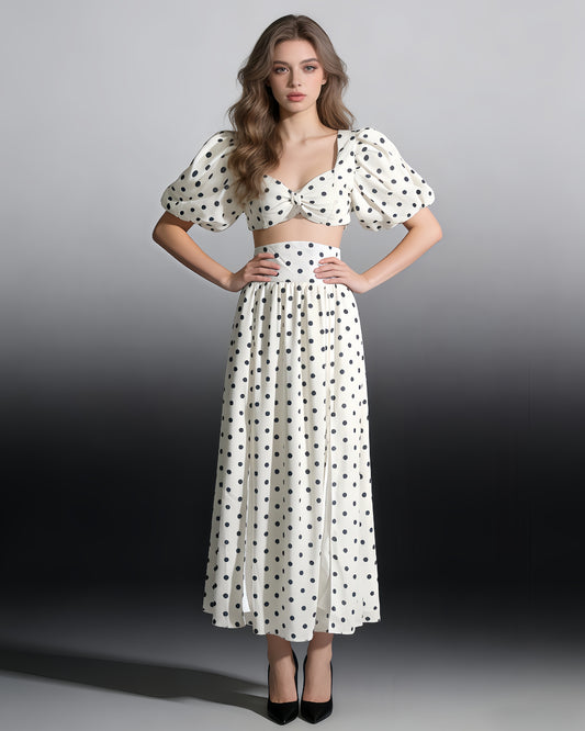 White Polka Dot Puff Sleeve Top & Skirt Set