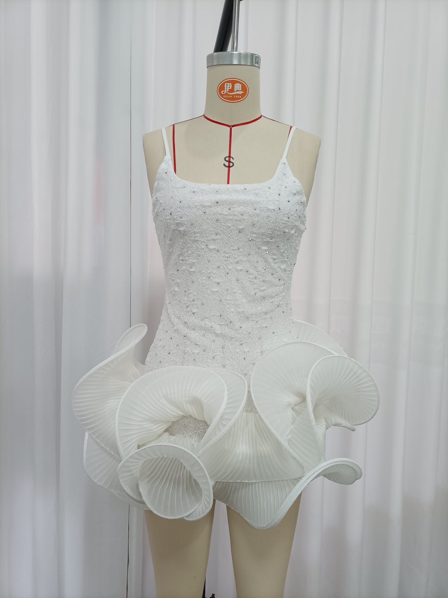 White Rhinestone-Embellished Spaghetti Strap Dress