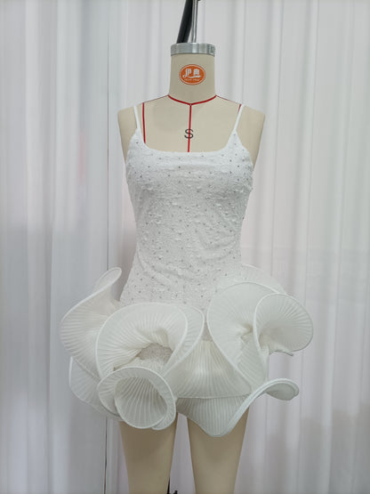 White Rhinestone-Embellished Spaghetti Strap Dress