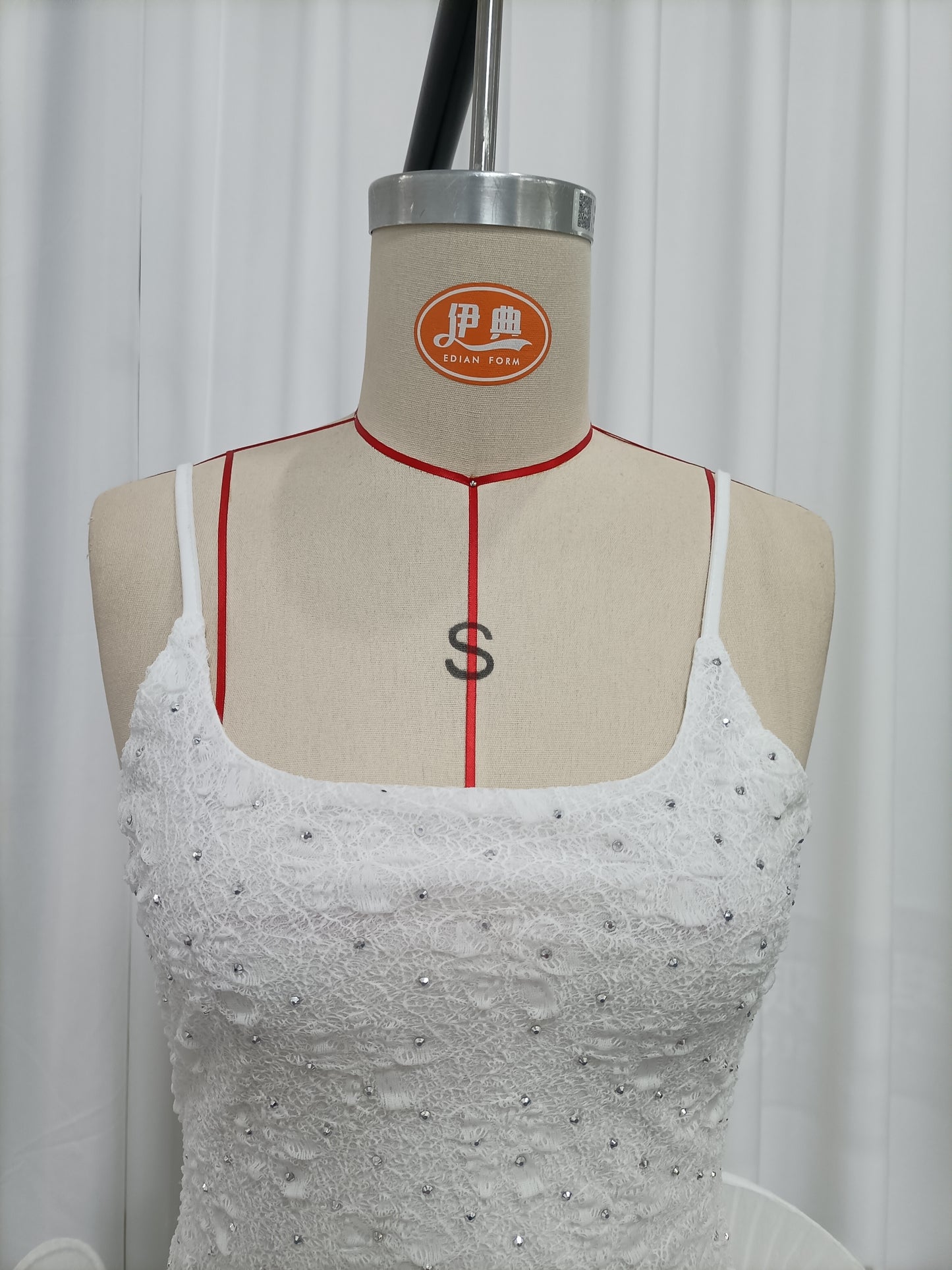 White Rhinestone-Embellished Spaghetti Strap Dress