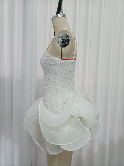 White Rhinestone-Embellished Spaghetti Strap Dress