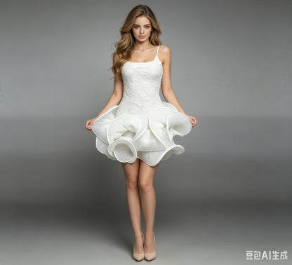 White Rhinestone-Embellished Spaghetti Strap Dress