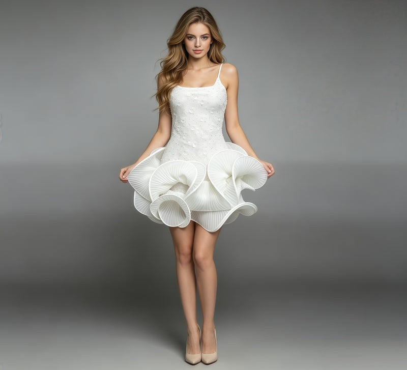 White Rhinestone-Embellished Spaghetti Strap Dress
