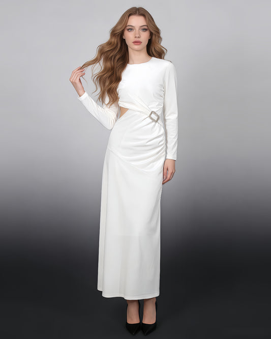 White Rhinestone Buckle Fitted Maxi Gown