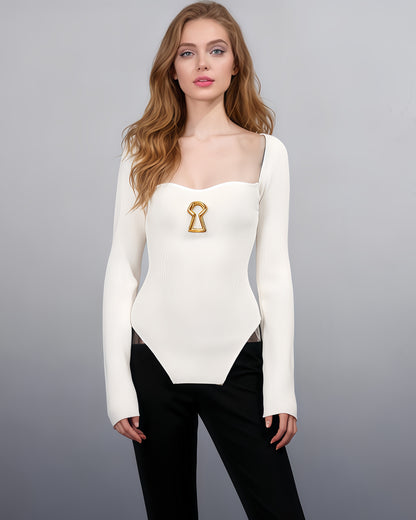 White Knitting Sweater with Gold Keyhole Accent