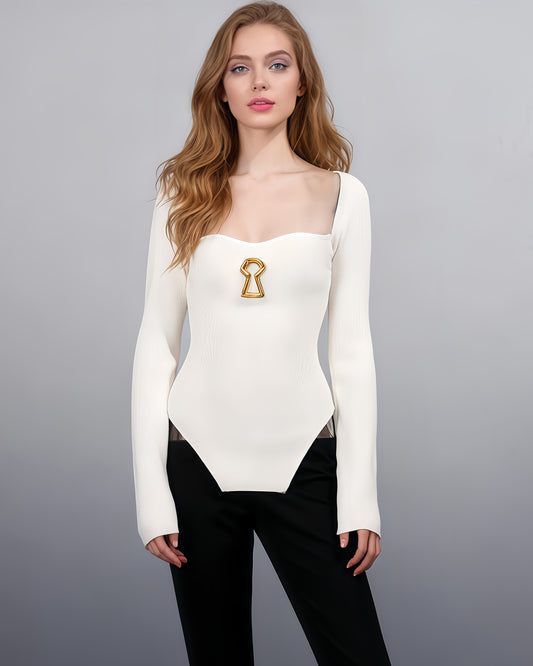 White Knitting Sweater with Gold Keyhole Accent