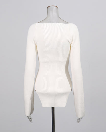 White Knitting Sweater with Gold Keyhole Accent