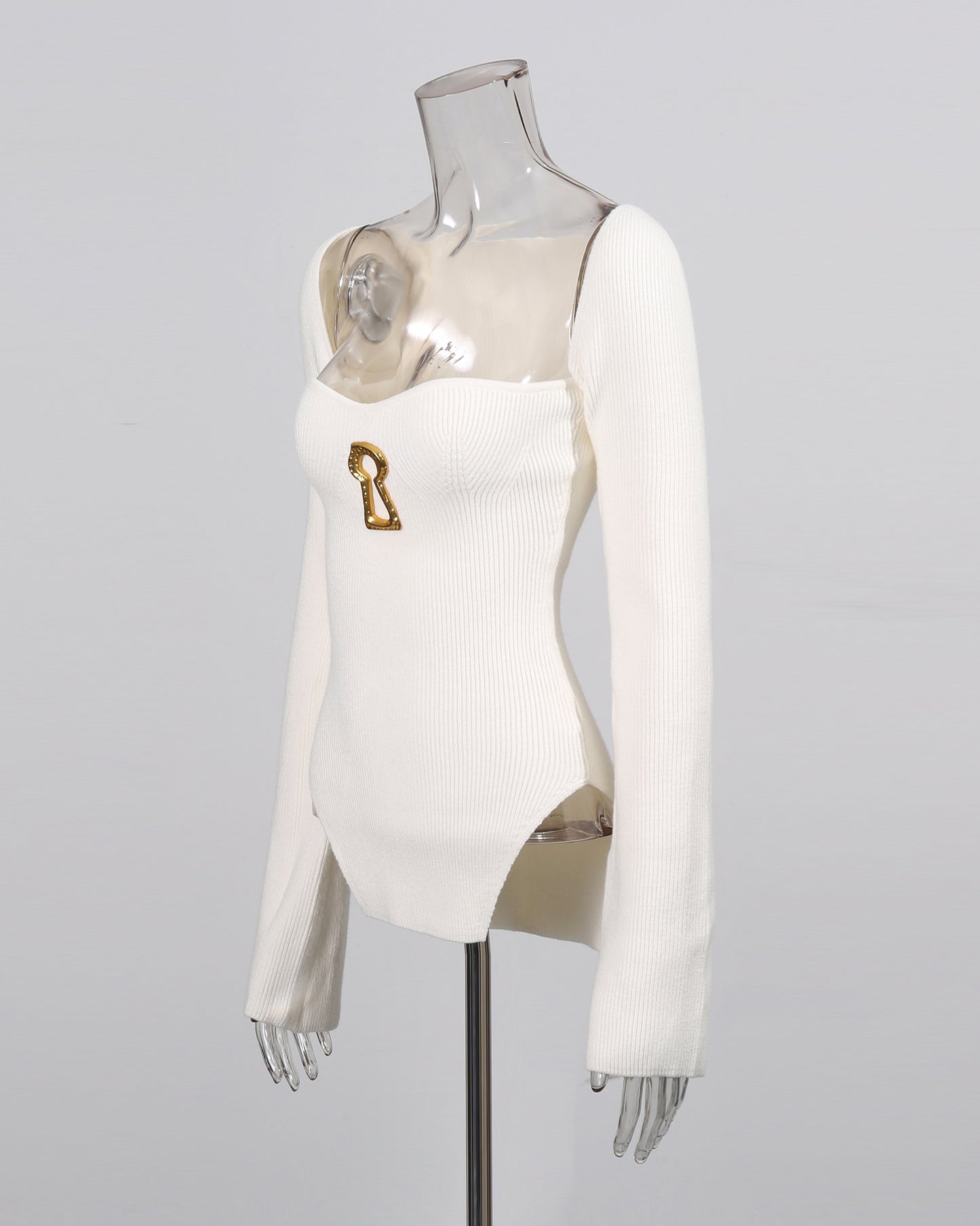 White Knitting Sweater with Gold Keyhole Accent