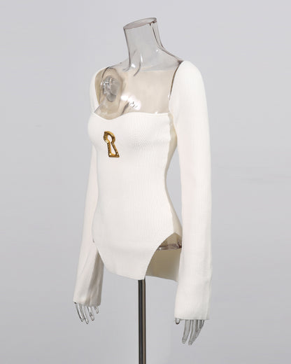 White Knitting Sweater with Gold Keyhole Accent