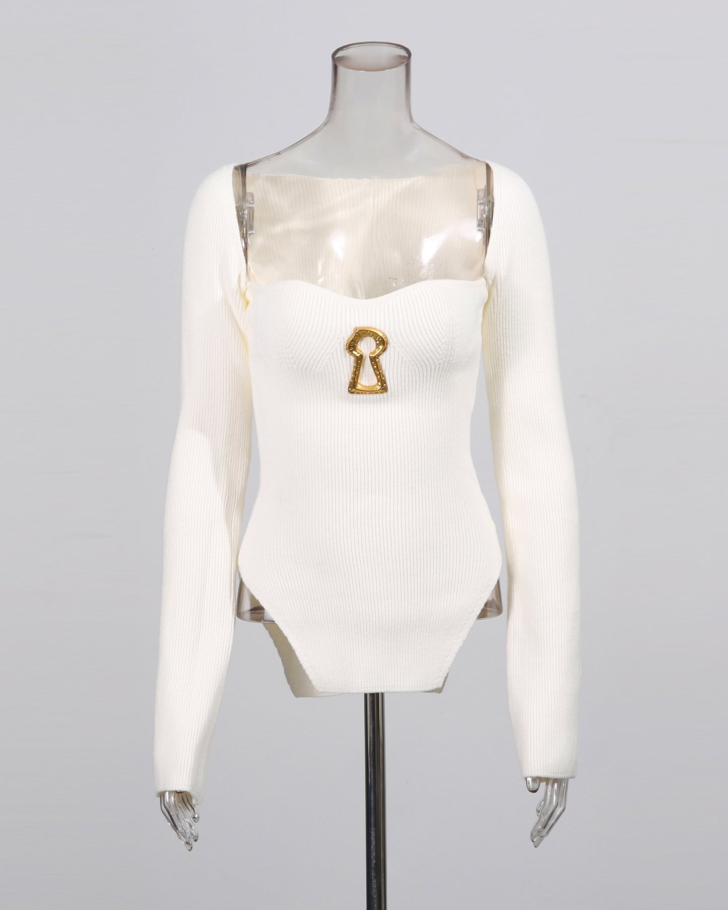 White Knitting Sweater with Gold Keyhole Accent