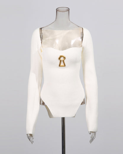 White Knitting Sweater with Gold Keyhole Accent