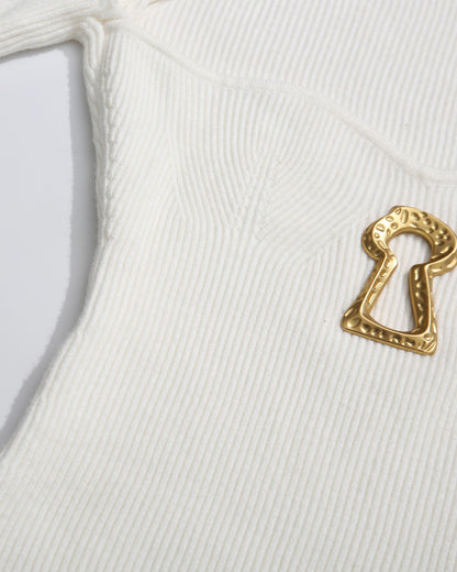 White Knitting Sweater with Gold Keyhole Accent