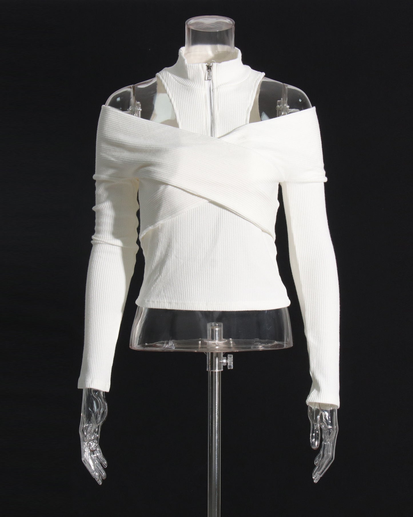 White Ribbed Cold-Shoulder Top with Zip Neck