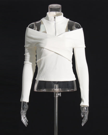 White Ribbed Cold-Shoulder Top with Zip Neck
