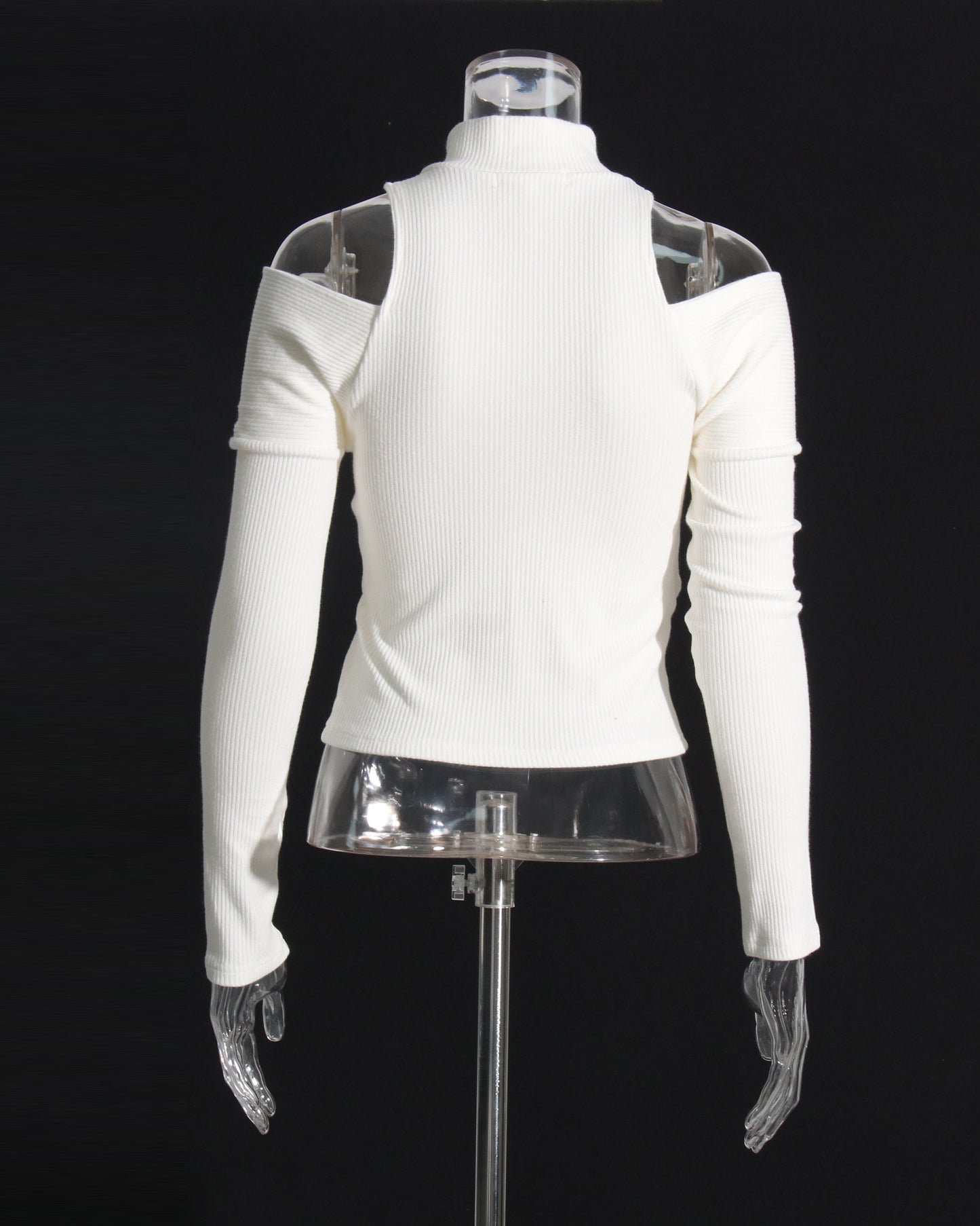 White Ribbed Cold-Shoulder Top with Zip Neck