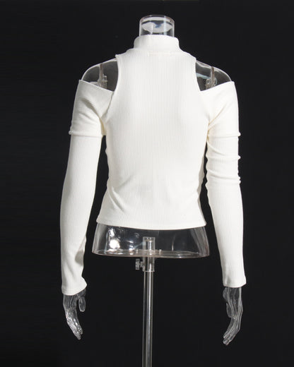 White Ribbed Cold-Shoulder Top with Zip Neck