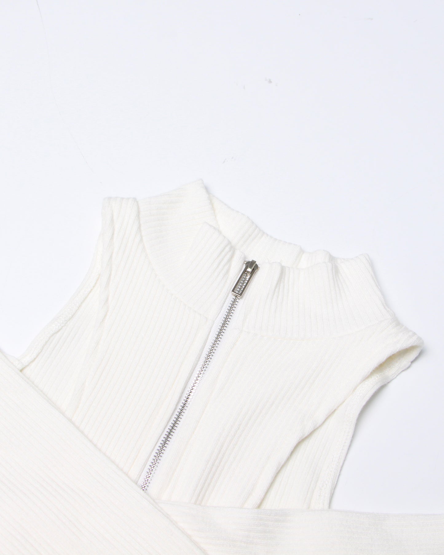 White Ribbed Cold-Shoulder Top with Zip Neck