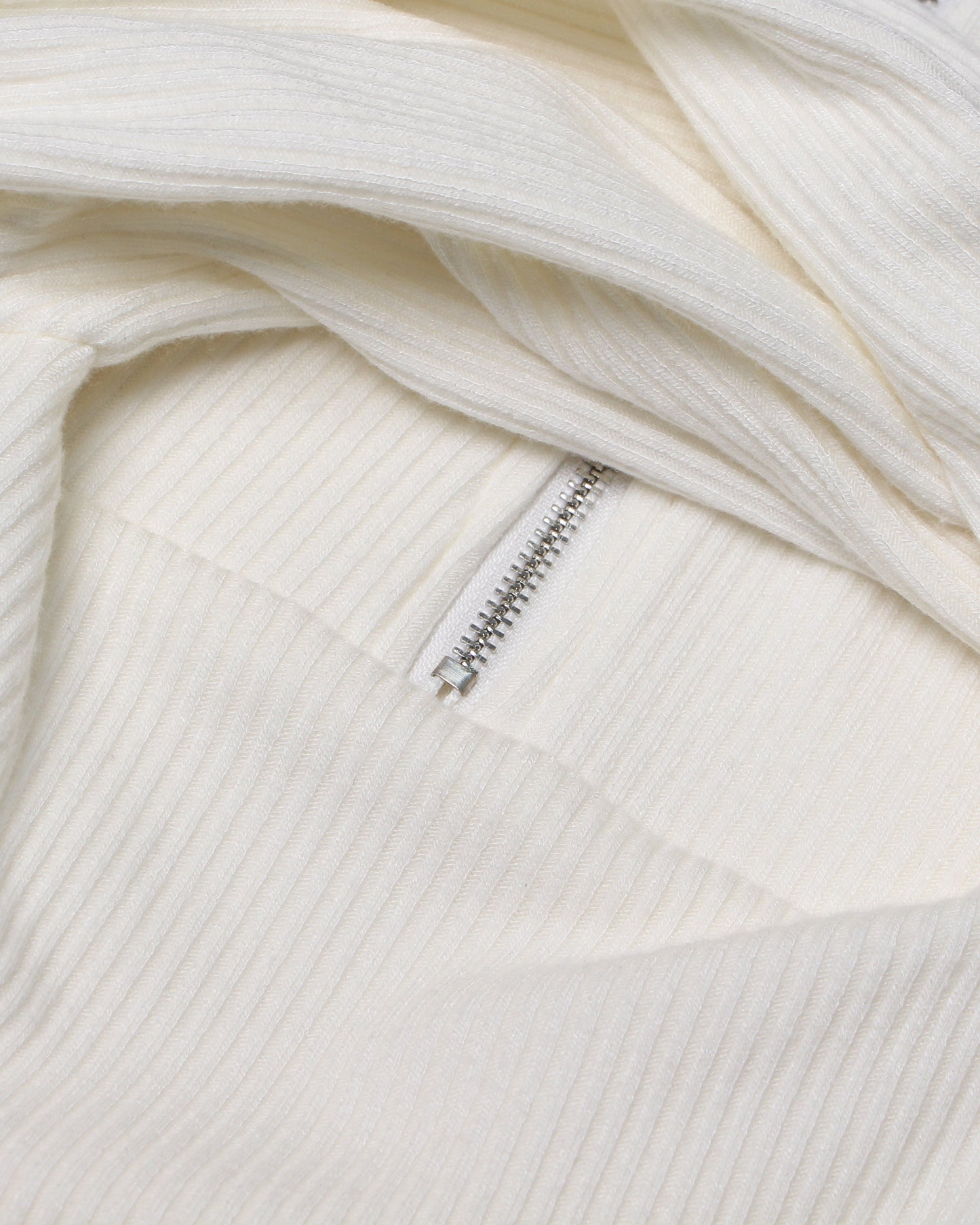 White Ribbed Cold-Shoulder Top with Zip Neck