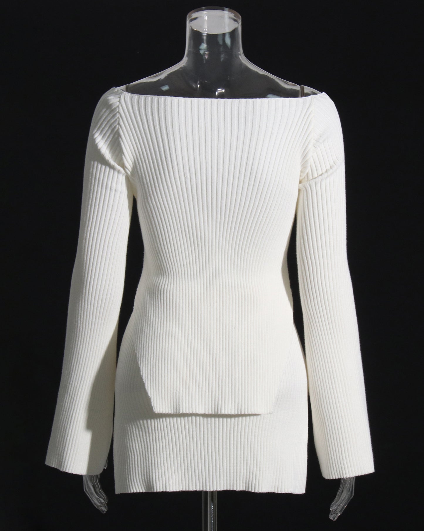 White Ribbed Knit Cutout Long-Sleeve Set