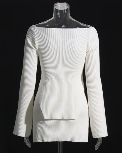 White Ribbed Knit Cutout Long-Sleeve Set
